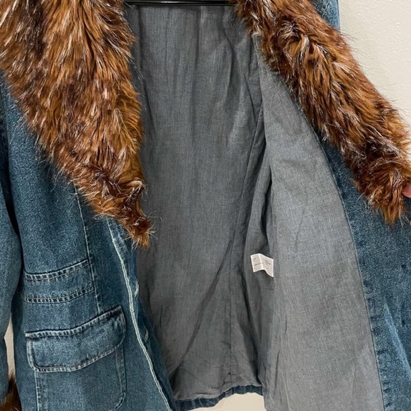 Penny Lane Vtg GIACCA Y2K Denim Jean Faux Fur Coat Jacket L Hippie Baby Girl - Picture 4 of 6